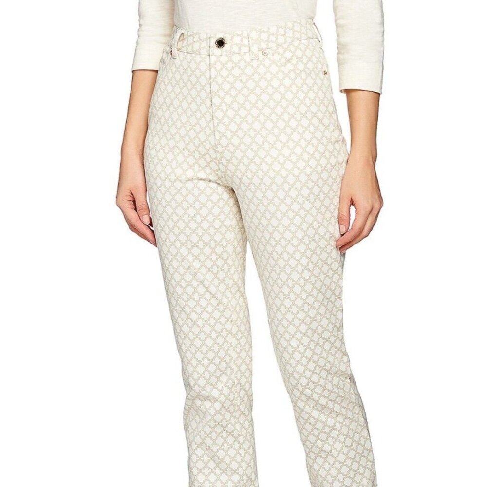 C. Wonder Trellis Print Slim Leg Full Length Pants Cream Tan White Color Size18W